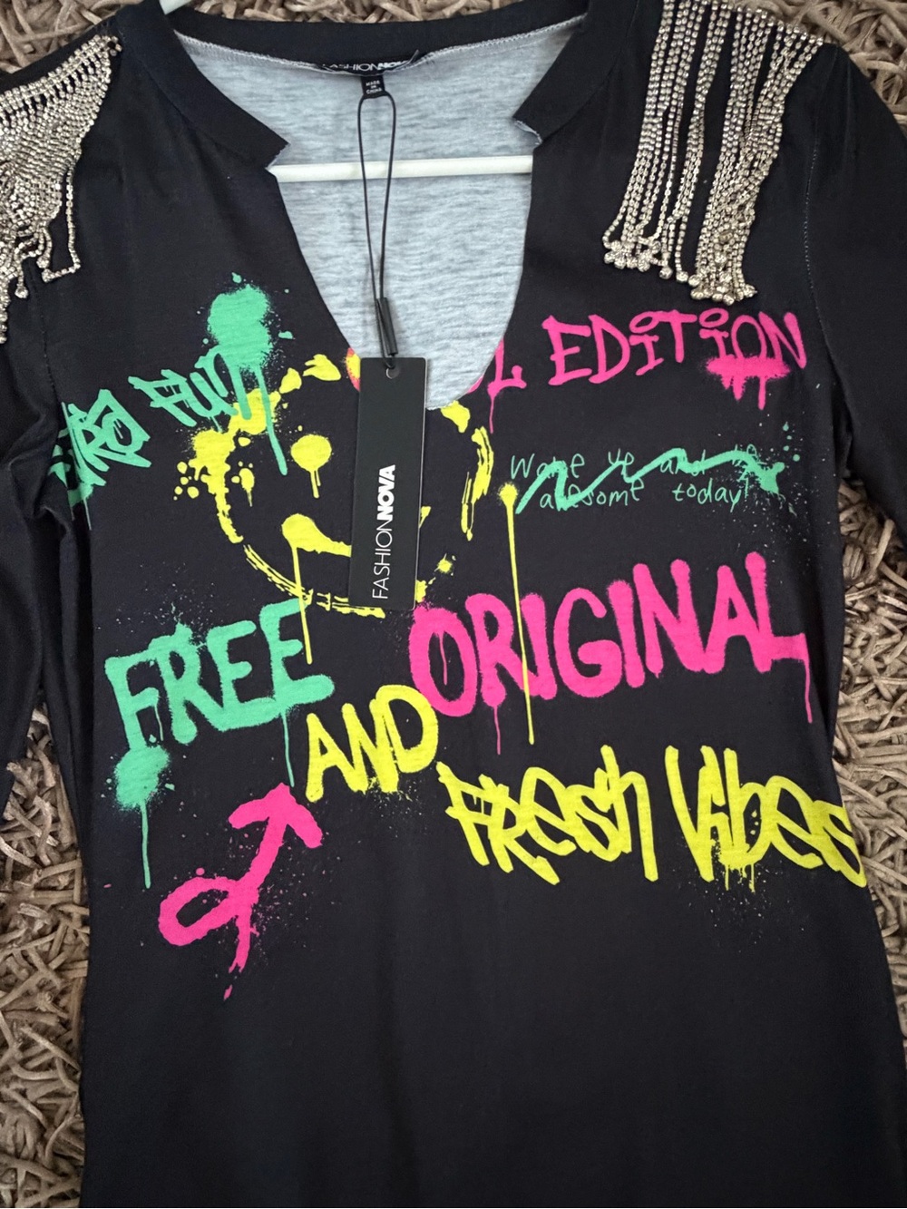 Fashion Nova Kids Black Long-Sleeve Tee with Neon Pink, Green & Yellow Graffiti